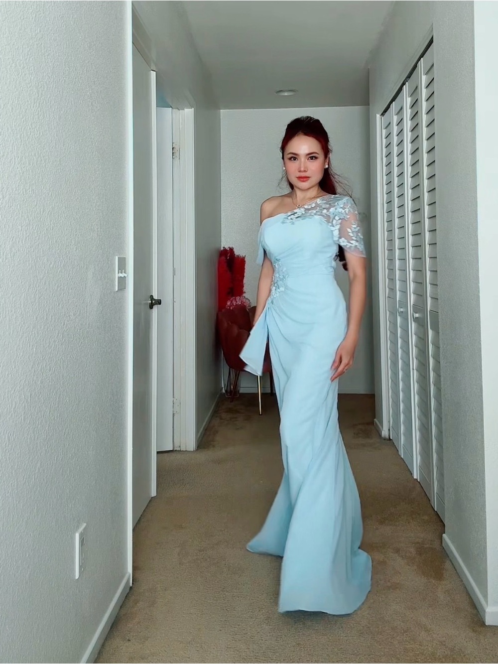 One-Shoulder Light Blue Evening Gown with Lace Applique